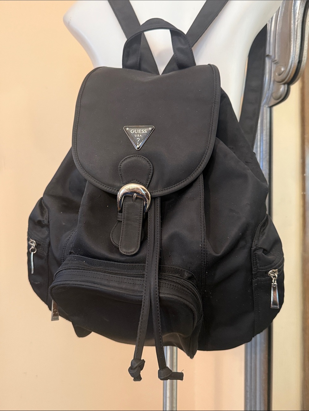 GUESS Black Nylon Buckle Drawstring Backpack